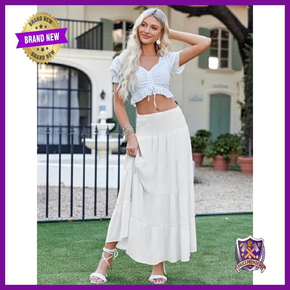 Long Maxi Skirt Tiered Elastic High Waist Boho A-Line Midi Dress - Picture 6 of 8